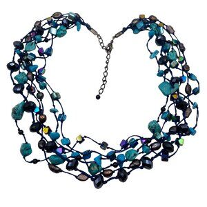 Boho Multistrand Necklace Turquoise Howlite Glass Beads Freshwater Pearls 22-25"